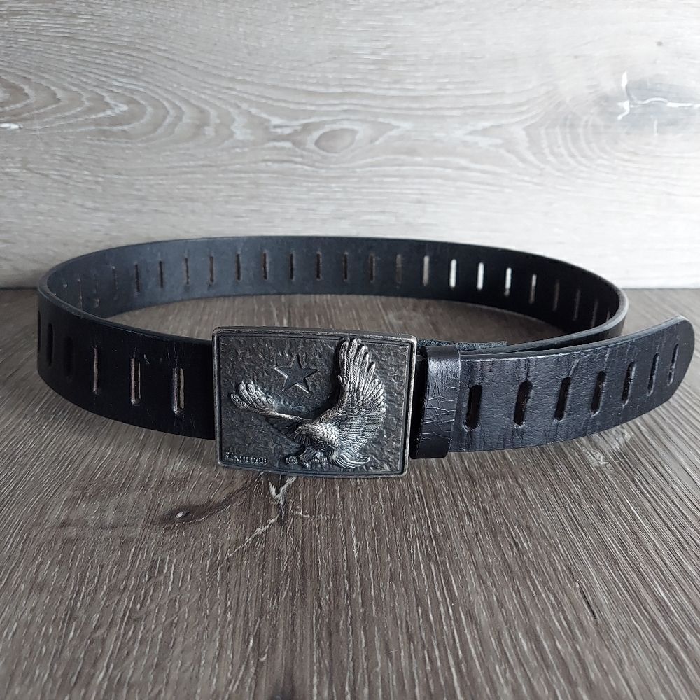 Express Black Leather Perforated Belt Star Eagle Metal Buckle Size 32